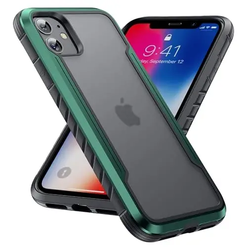 Yriklso for iPhone 12 Phone Case, Shockproof for iPhone 12 Pro Case, Military Grade Drop Protection, Protective Hard Back Translucent, Metal Green - YRIKLSO