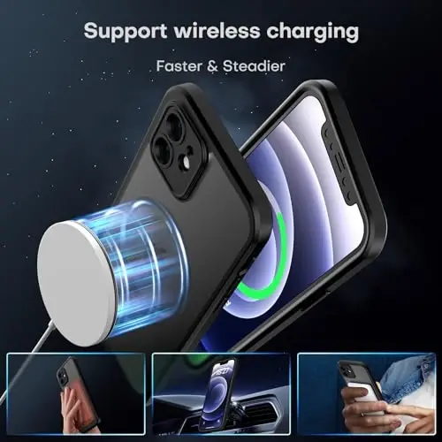 iPhone 12 Kılıf için TOCOL, Magsafe ile Uyumlu, Tam Kamera Koruması, Dahili Manyetik Halka, iPhone 12 6.1 inç için Yarı Saydam Mat Telefon Kılıfı (Siyah) - 3