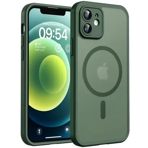 iPhone 12 Kılıf için TOCOL, Magsafe Şarj Cihazı ile Uyumlu, Tam Kamera Koruması, Düşme Koruması, iPhone 12 6.1 inç için Yarı Saydam Mat Telefon Kılıfı (Alp Yeşili) 