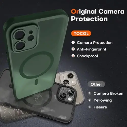 iPhone 12 Kılıf için TOCOL, Magsafe Şarj Cihazı ile Uyumlu, Tam Kamera Koruması, Düşme Koruması, iPhone 12 6.1 inç için Yarı Saydam Mat Telefon Kılıfı (Alp Yeşili) - 5