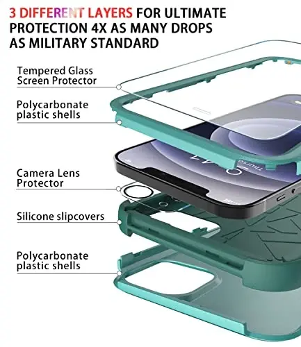 Diverbox for iPhone 12 case [Shockproof] [Dropproof] [Tempered Glass Screen Protector + Camera Lens Protector],Heavy Duty Protection Phone Case Cover for Apple iPhone 12 (Teal) - 5