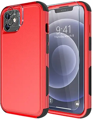 Diverbox for iPhone 12 case [Shockproof] [Dropproof] [Tempered Glass Screen Protector + Camera Lens Protector],Heavy Duty Protection Phone Case Cover for Apple iPhone 12(Red) 