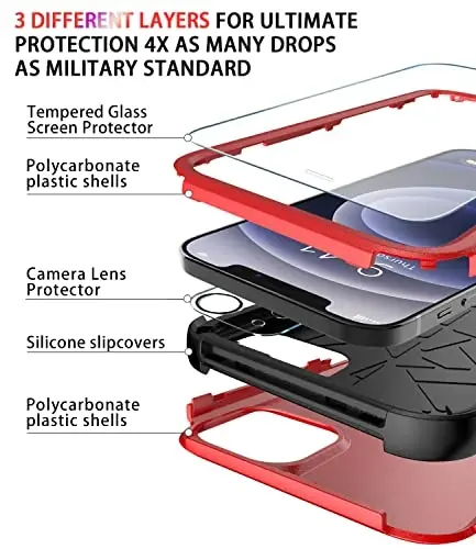 Diverbox for iPhone 12 case [Shockproof] [Dropproof] [Tempered Glass Screen Protector + Camera Lens Protector],Heavy Duty Protection Phone Case Cover for Apple iPhone 12(Red) - 5