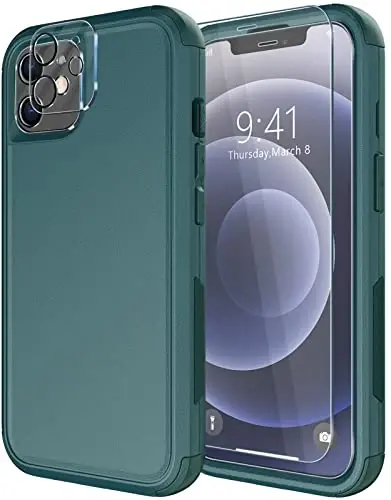 Diverbox for iPhone 12 case [Shockproof] [Dropproof] [Tempered Glass Screen Protector + Camera Lens Protector],Heavy Duty Protection Phone Case Cover for Apple iPhone 12(Dark Green) - 1