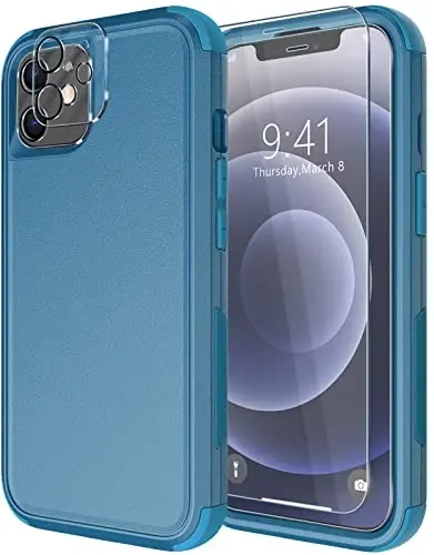 Diverbox for iPhone 12 case [Shockproof] [Dropproof] [Tempered Glass Screen Protector + Camera Lens Protector],Heavy Duty Protection Phone Case Cover for Apple iPhone 12(Blue) - 1