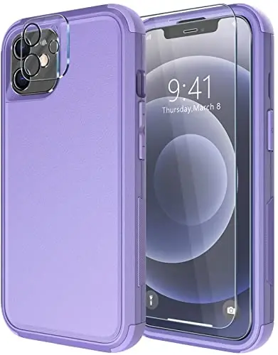 Diverbox for iPhone 12 case [Shockproof] [Dropproof] [Tempered Glass Screen Protector + Camera Lens Protector],Heavy Duty Protection Phone Case Cover for Apple iPhone 12 (Purple) - DIVERBOX