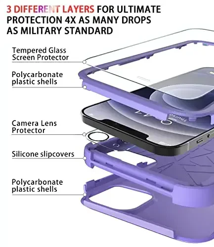 Diverbox for iPhone 12 case [Shockproof] [Dropproof] [Tempered Glass Screen Protector + Camera Lens Protector],Heavy Duty Protection Phone Case Cover for Apple iPhone 12 (Purple) - 5