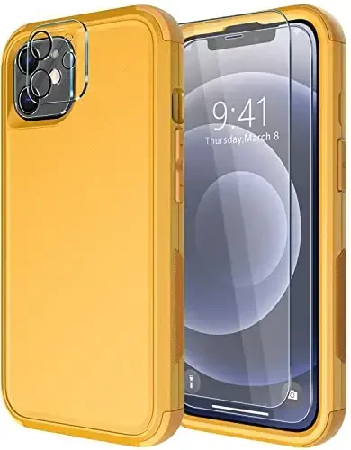 Diverbox for iPhone 12 case [Shockproof] [Dropproof] [Tempered Glass Screen Protector + Camera Lens Protector],Heavy Duty Protection Phone Case Cover for Apple iPhone 12 (Yellow) 
