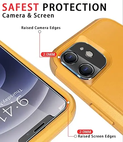 Diverbox for iPhone 12 case [Shockproof] [Dropproof] [Tempered Glass Screen Protector + Camera Lens Protector],Heavy Duty Protection Phone Case Cover for Apple iPhone 12 (Yellow) - 4