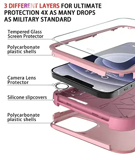 Diverbox for iPhone 12 case [Shockproof] [Dropproof] [Tempered Glass Screen Protector + Camera Lens Protector],Heavy Duty Protection Phone Case Cover for Apple iPhone 12 (Pink) - 5