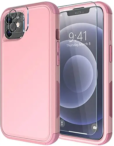 Diverbox for iPhone 12 case [Shockproof] [Dropproof] [Tempered Glass Screen Protector + Camera Lens Protector],Heavy Duty Protection Phone Case Cover for Apple iPhone 12 (Pink) - 1