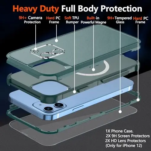 Diverbox for iPhone 12 case,iPhone 12 Magnetic case [with Screen Protector Camera Lens Protector ] 2 Pack [15 FT Military Grade Drop Protection] Heavy Duty Shockproof Phone Case (Dark Green) - 6