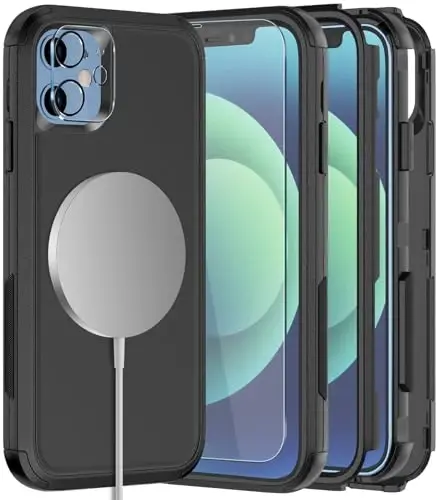 Diverbox for iPhone 12 case, iPhone 12 Magnetic case [with Screen Protector and Camera Lens Protector ] 2 Pack [15 FT Military Grade Drop Protection] Heavy Duty Shockproof Phone Case (Black) - 1