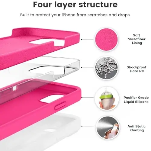 Vooii Compatible with iPhone 12 Case/iPhone 12 Pro Case, Liquid Silicone Upgrade [Soft Anti-Scratch Microfiber Lining] [Shockproof Drop Protection] Phone Case 6.1 inch - Hot Pink - 2