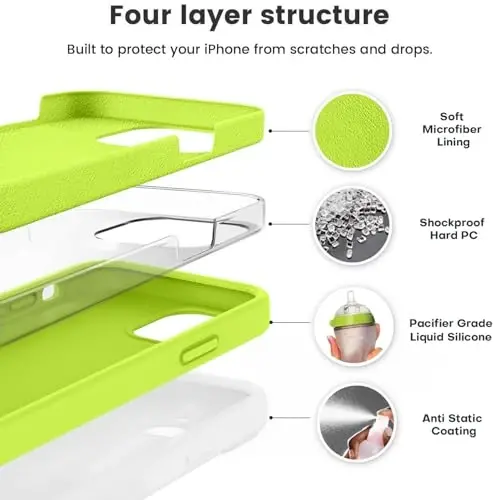 Vooii Compatible with iPhone 12 Case/iPhone 12 Pro Case, Liquid Silicone Upgrade [Soft Anti-Scratch Microfiber Lining] [Shockproof Drop Protection] Phone Case 6.1 inch - Fluorescent Green - VOOII (1)