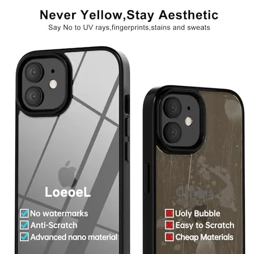 iPhone 12 Mini uchun LoeoeL g‘ilofi, shaffof gibrid 12 Mini telefon g‘ilofi [qattiq plastik va yumshoq silikon bamper] akril sarg‘aymaydigan yupqa himoya g‘ilofi, ayollar uchun, qora - 4