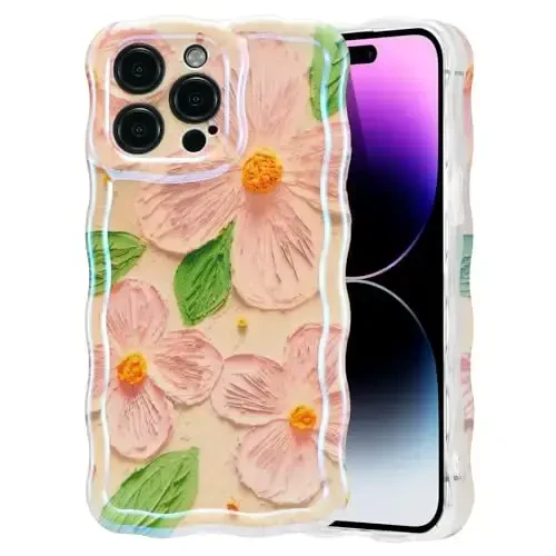 EYZUTAK Case for iPhone 12 Pro, Colorful Retro Oil Painting Flower Leaf Laser Glossy Pattern Cute Curly Wave Edge Exquisite Phone Cover Stylish Durable TPU Protective Case for Girls Women - Pink Green - EYZUTAK
