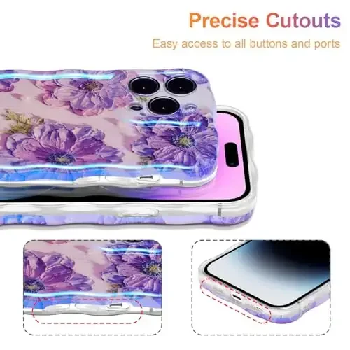 EYZUTAK Case for iPhone 12 Pro Max, Colorful Retro Oil Painting Printed Flower Laser Glossy Pattern Cute Curly Wave Edge Exquisite Phone Cover Stylish Durable TPU Protective Case for Girl Women-Purple - 5