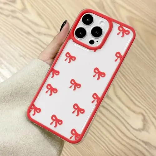 EYZUTAK Case for iPhone 12 Pro Max, Clear Cute Ribbon Bowknot Pattern Aesthetic Transparent Phone Case Raised Camera Protection Stylish Slim Soft Durable TPU Protective Cover for Women Girls - Red - 12