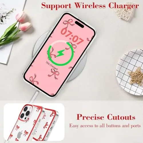 EYZUTAK Case for iPhone 12 Pro Max, Clear Cute Ribbon Bowknot Pattern Aesthetic Transparent Phone Case Raised Camera Protection Stylish Slim Soft Durable TPU Protective Cover for Women Girls - Red - 9