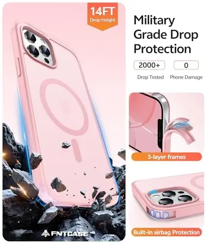 FNTCASE for iPhone 12 Pro Max Case: [Compatible with Magsafe] Translucent Matte Magnetic Phone Cover - Military Grade Drop Protection Shockproof Protective Cases - Light Pink - 4