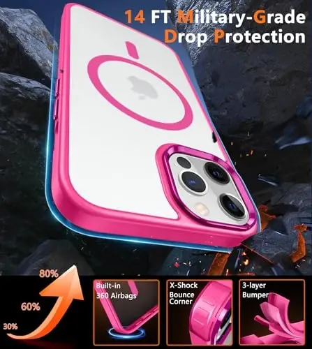 FNTCASE for iPhone 12 Pro Max Case: [Compatible with Magsafe] Translucent Matte Magnetic Phone Cover - Military Grade Drop Protection Shockproof Protective Cases - Hot Pink - 5