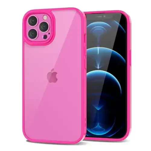 LoeoeL for iPhone 12 Pro Max Case Clear, Transparent Hybrid 12 Pro Max Phone Case [Hard Plastic & Soft Silicone Bumper] Acrylic Non Yellowing Thin Slim Protective Cover for Women, Neon Hot Pink - LOEOEL