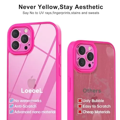 LoeoeL for iPhone 12 Pro Max Case Clear, Transparent Hybrid 12 Pro Max Phone Case [Hard Plastic & Soft Silicone Bumper] Acrylic Non Yellowing Thin Slim Protective Cover for Women, Neon Hot Pink - 4