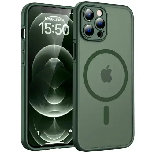 iPhone 12 Pro Max için TOCOL Manyetik Kılıf, Gelişmiş Tam Kamera Koruması, Magsafe Uyumlu, Düşme Koruması, Yarı Saydam Mat Arka Tampon Telefon Kapağı 6,7 inç (Alp Yeşili) 
