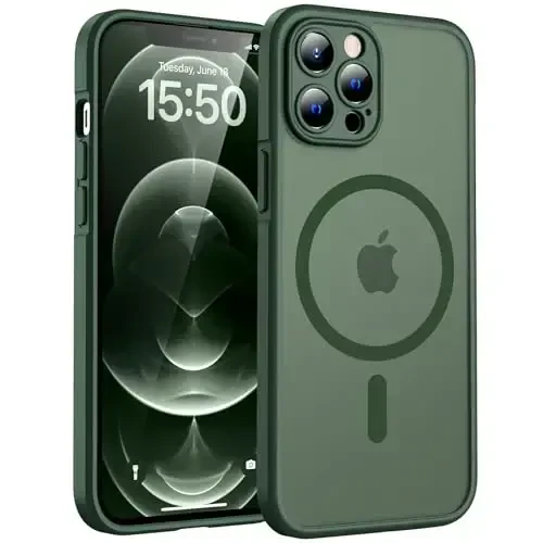 TOCOL Magnetic for iPhone 12 Pro Max Case, Upgraded Full Camera Protection, Compatible with Magsafe, Drop Protection, Translucent Matte Back Bumper Phone Cover 6.7-Inch（Alpine Green） - TOCOL