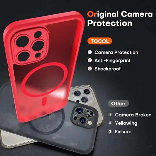 TOCOL Magnetic for iPhone 12 Pro Max Case, Upgraded Full Camera Protection, Compatible with Magsafe, Drop Protection, Translucent Matte Back Bumper Phone Cover 6.7-Inch（Red） - 5
