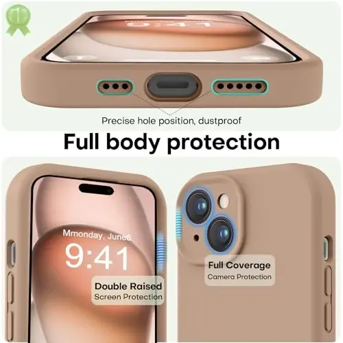 LOVE 3000 Compatible with iPhone 15 Case, [Smooth Silicone Full Coverage Camera] [8ft Drop Protection], Soft Microfiber Lining Full Body Protective Case for iPhone 15 6.1 inch - Light Brown - 3