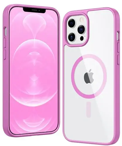 iPhone 12 Pro-Max uchun FNTCASE g‘ilofi: Magsafe bilan mos keluvchi shaffof magnitli g‘ilof, yupqa, sarg‘aymaydigan, harbiy darajadagi himoyaga ega, mustahkam shaffof mobil telefon g‘ilofi (B-Pink) 