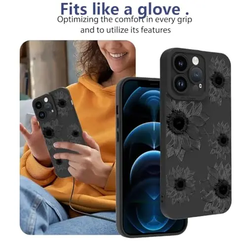 iPhone 12 Pro Max uchun OOK gulli g'ilof, yoqimli qora kungaboqar gullari | Yumshoq TPU, ayollar va qizlar uchun zarbaga chidamli himoya g'ilofi 