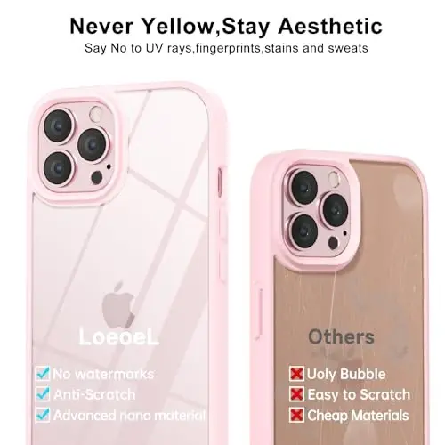 LoeoeL for iPhone 12 Pro/ 12 Case Clear, Transparent Hybrid 12 Pro/ 12 Phone Case [Hard Plastic & Soft Silicone Bumper] Acrylic Non Yellowing Thin Slim Protective Cover for Women, Light Pink - 4