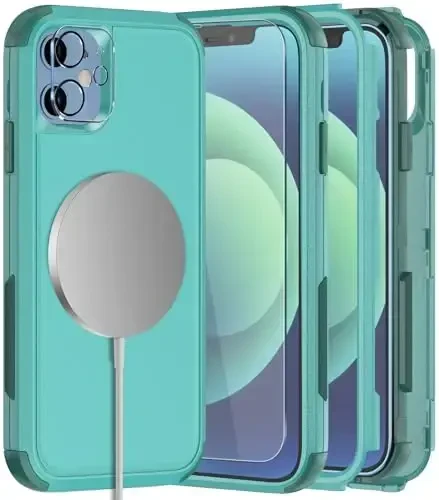 iPhone 12 uchun Diverbox g'ilofi, iPhone 12 magnitli g'ilofi [ekran himoyachisi va kamera linzalari himoyachisi bilan] 2 dona [15 FT harbiy darajadagi tushishdan himoya] Zo'r zarbga chidamli telefon g'ilofi (Teal) - DIVERBOX