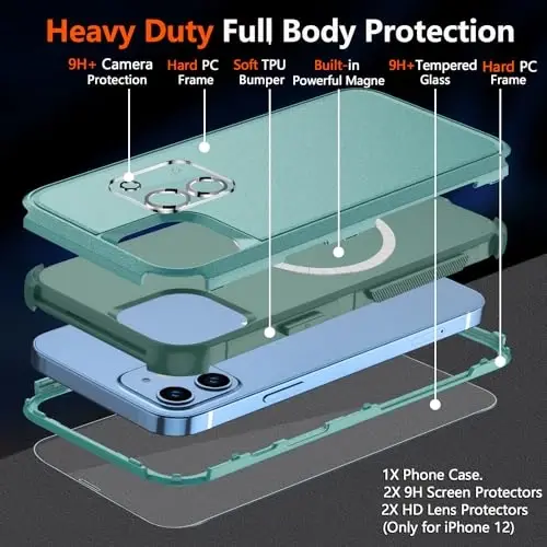 iPhone 12 uchun Diverbox g'ilofi, iPhone 12 magnitli g'ilofi [ekran himoyachisi va kamera linzalari himoyachisi bilan] 2 dona [15 FT harbiy darajadagi tushishdan himoya] Zo'r zarbga chidamli telefon g'ilofi (Teal) - 6