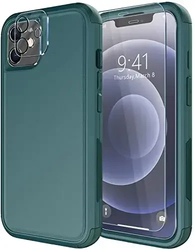 iPhone 12 uchun Diverbox g'ilofi [Zarba o'tkazmaydigan] [Tushishga chidamli] [Temperlangan shisha ekran himoyachisi + Kamera linzalari himoyachisi], Apple iPhone 12 uchun og'ir yuk himoya telefon g'ilof qopqog'i (to'q yashil) - DIVERBOX