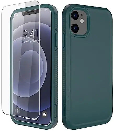 iPhone 12 uchun Diverbox g'ilofi [Zarba o'tkazmaydigan] [Tushishga chidamli] [Temperli shisha ekran himoyachisi], Apple iPhone 12 uchun og'ir himoya telefon g'ilof qopqog'i (To'q yashil-2in1) - DIVERBOX