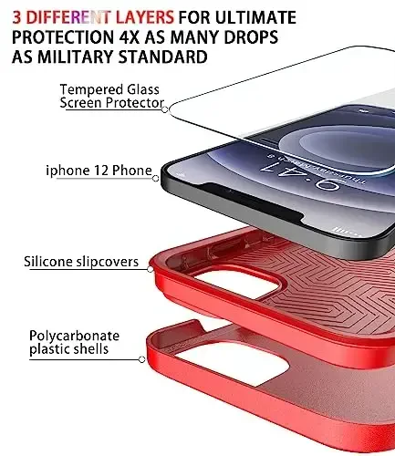 iPhone 12 uchun Diverbox g'ilofi [Zarba o'tkazmaydigan] [Tushishga chidamli] [ закаленное stakan ekran himoyachisi], Apple iPhone 12 uchun og'ir himoya telefon g'ilof qopqog'i (qizil -2in1) - 6