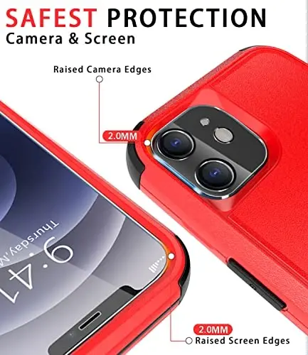 iPhone 12 uchun Diverbox g‘ilofi [Zarbga chidamli] [Tushishga chidamli] [Temperlangan shisha ekran himoyachisi + kamera linzalari himoyachisi], Apple iPhone 12 uchun kuchli himoya telefon g‘ilofi (Qizil) - 4