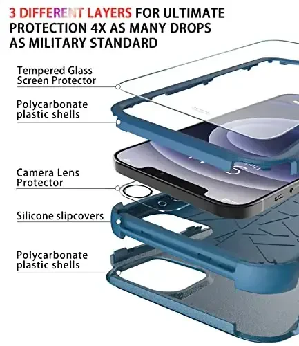 iPhone 12 uchun Diverbox g'ilofi [zarbga chidamli] [tushishga chidamli] [temperlangan shisha ekran himoyachisi + kamera linzalari himoyachisi], Apple iPhone 12 uchun og'ir himoya telefon g'ilofi (ko'k) - 5