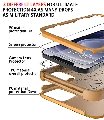 iPhone 12 uchun Diverbox g'ilofi [zarbga chidamli] [tushishga chidamli] [temperlangan shisha ekran himoyachisi + kamera linzalari himoyachisi], Apple iPhone 12 uchun og'ir yuk himoya telefon g'ilof qopqog'i (sariq) - 5