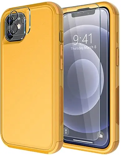 iPhone 12 uchun Diverbox g'ilofi [zarbga chidamli] [tushishga chidamli] [temperlangan shisha ekran himoyachisi + kamera linzalari himoyachisi], Apple iPhone 12 uchun og'ir yuk himoya telefon g'ilof qopqog'i (sariq) 