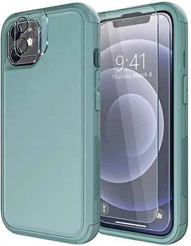 iPhone 12 uchun Diverbox g'ilofi [zarbga chidamli] [tushishga chidamli] [temperlangan shisha ekran himoyachisi + kamera linzalari himoyachisi], Apple iPhone 12 uchun og'ir yuk himoyasi telefon g'ilofi (qarag'ay yashili) - DIVERBOX