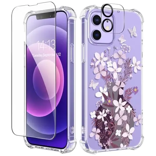 iPhone 12 va 12 Pro uchun GVIEWIN gul naqshli g‘ilof, ekran va kamera himoyasi bilan, sarg‘aymaydigan, yumshoq, zarbaga chidamli shaffof himoya g‘ilofi, ayollar uchun, gul naqshli 6.1 dyuym (Vaza/Siyohrang) - GVIEWIN