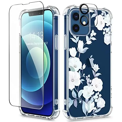 iPhone 12 va iPhone 12 Pro uchun GVIEWIN guli g‘ilof, ekran himoyachisi va kamera linzalari himoyachisi bilan, [sarg‘aymaydigan] ayollar uchun yumshoq zarbaga chidamli shaffof telefon g‘ilofi, gul naqshi 6,1 dyuym (Gibiskus) 