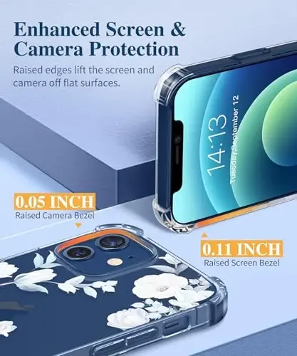 iPhone 12 va iPhone 12 Pro uchun GVIEWIN guli g‘ilof, ekran himoyachisi va kamera linzalari himoyachisi bilan, [sarg‘aymaydigan] ayollar uchun yumshoq zarbaga chidamli shaffof telefon g‘ilofi, gul naqshi 6,1 dyuym (Gibiskus) - 5