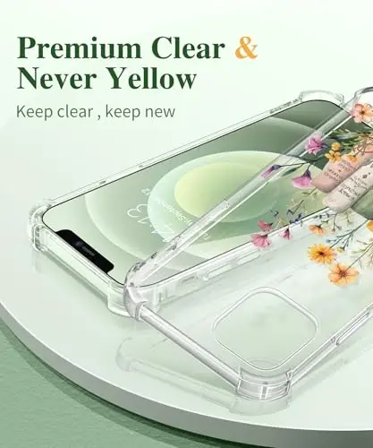 iPhone 12 va iPhone 12 Pro uchun GVIEWIN guli gʻilof, ekran va kamera himoyasi bilan, [sargʻaymaydigan] yumshoq zarbaga chidamli shaffof ayollar uchun himoya gʻilofi, gul naqshli 6.1