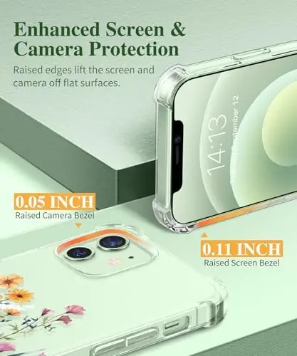 iPhone 12 va iPhone 12 Pro uchun GVIEWIN guli gʻilof, ekran va kamera himoyasi bilan, [sargʻaymaydigan] yumshoq zarbaga chidamli shaffof ayollar uchun himoya gʻilofi, gul naqshli 6.1